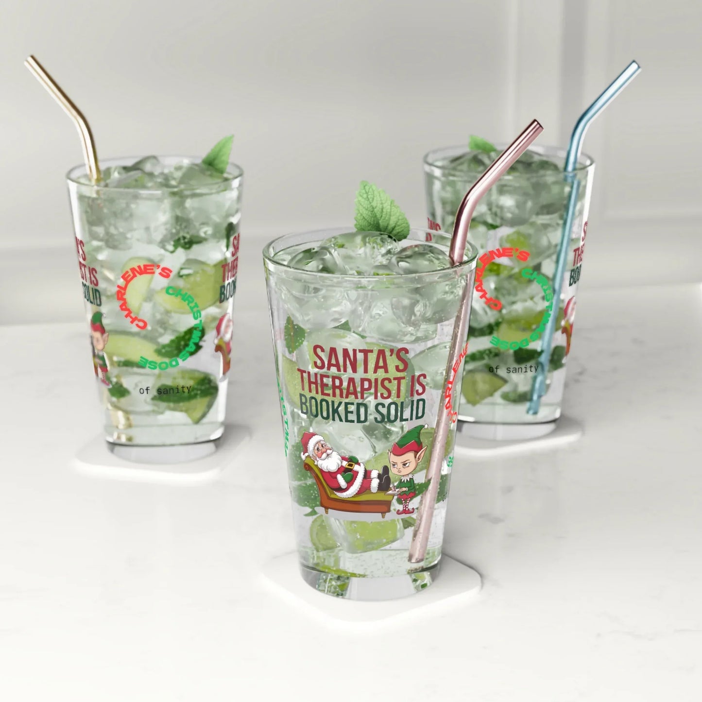 Shop our premium santas therapist is booked solid christmas pint glass 1 from MySisterIsASurvivor.
