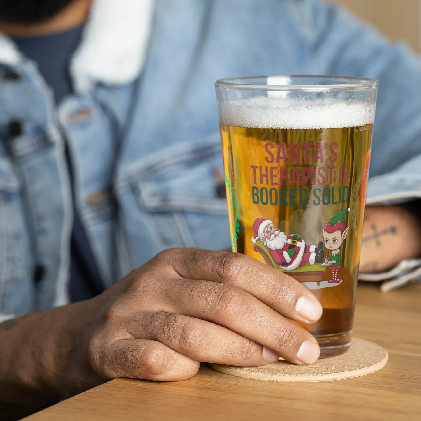 Shop our premium santas therapist is booked solid christmas pint glass 1 from MySisterIsASurvivor.