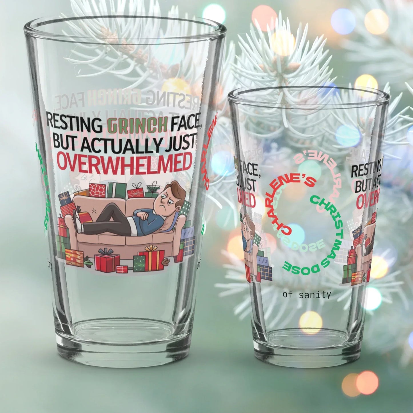 Shop our premium resting grinch face christmas pint glass from MySisterIsASurvivor.