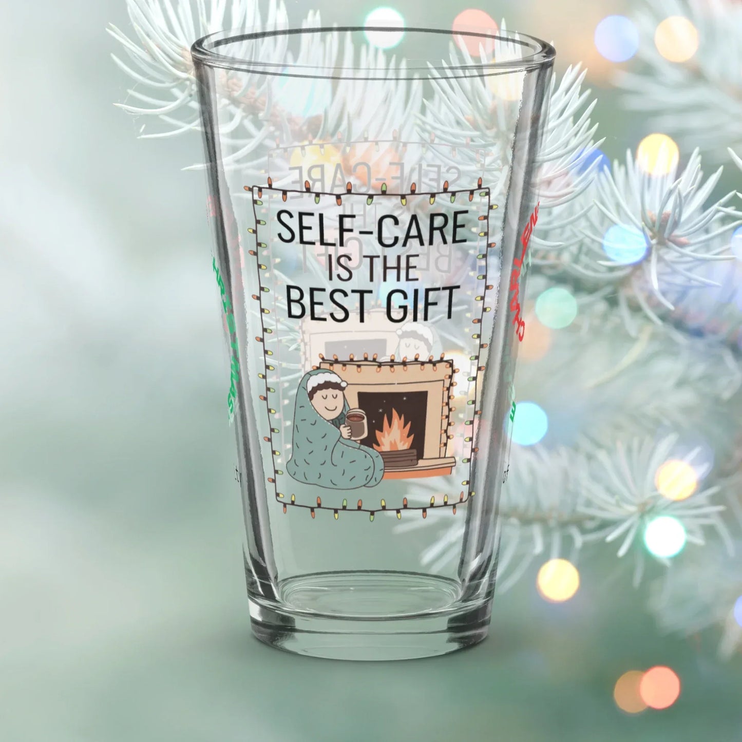 Shop our self care is the best gift christmas pint glass 1 featuring the 16oz style option from MySisterIsASurvivor.