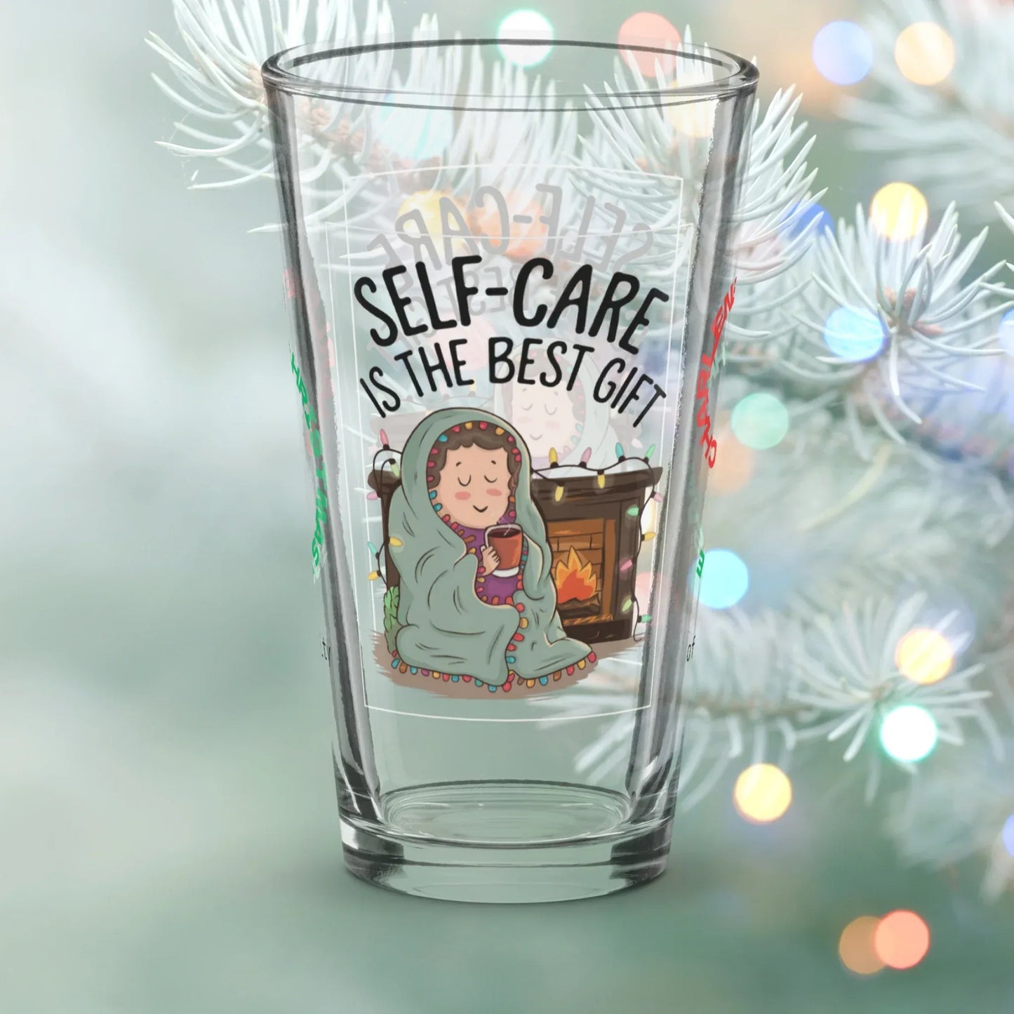 Shop our self care is the best gift christmas pint glass featuring the 16oz style option from MySisterIsASurvivor.