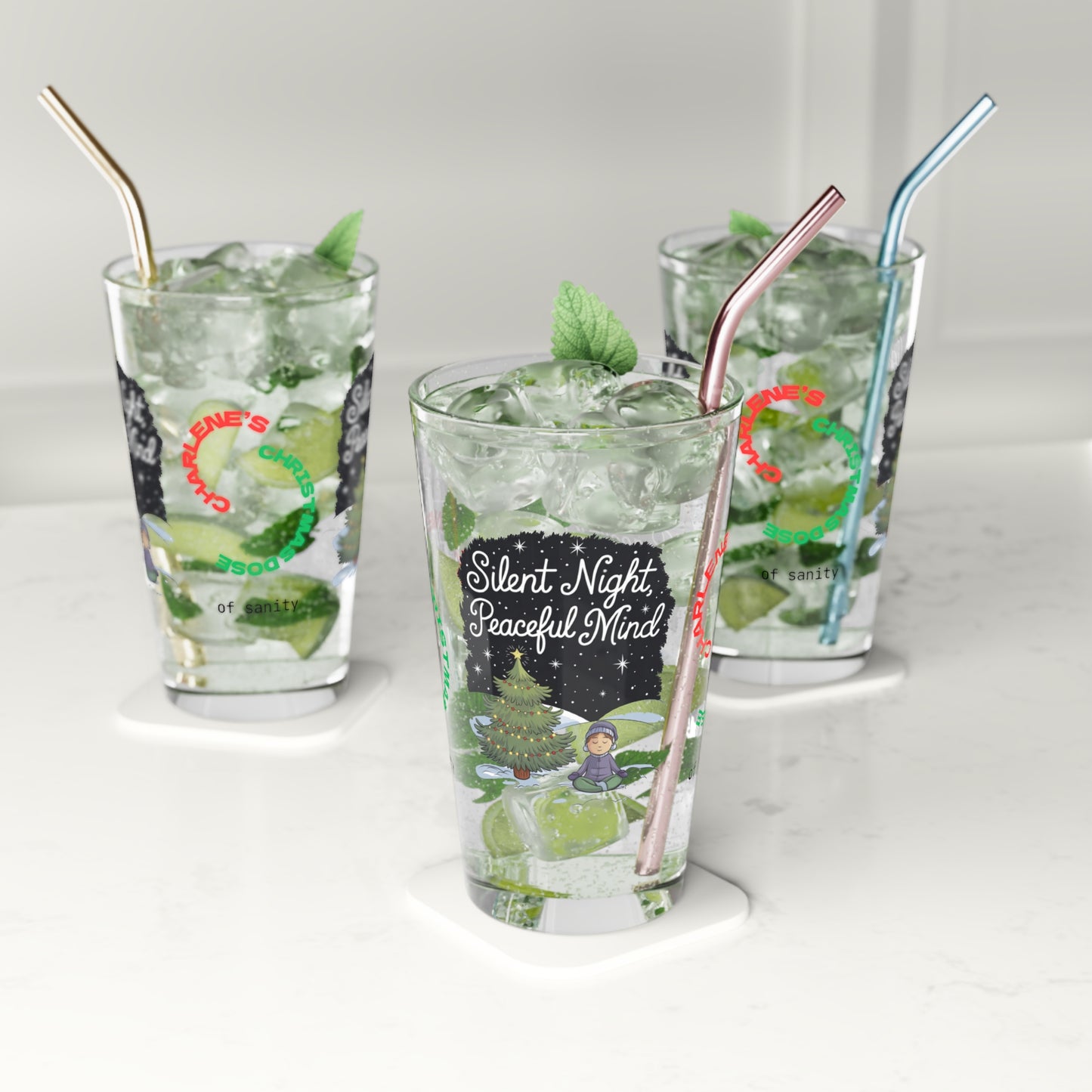 Silent Night, Peaceful Mind - Christmas mental health pint glass, mindfulness holiday gift