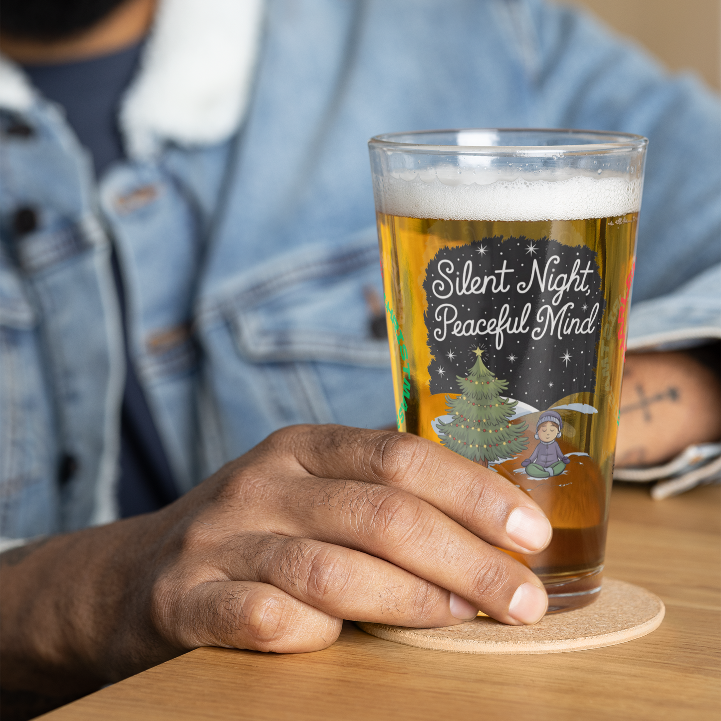Silent Night, Peaceful Mind - Christmas mental health pint glass, mindfulness holiday gift