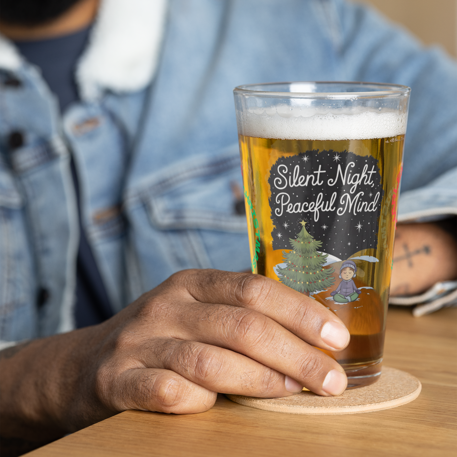 Silent Night, Peaceful Mind - Christmas mental health pint glass, mindfulness holiday gift