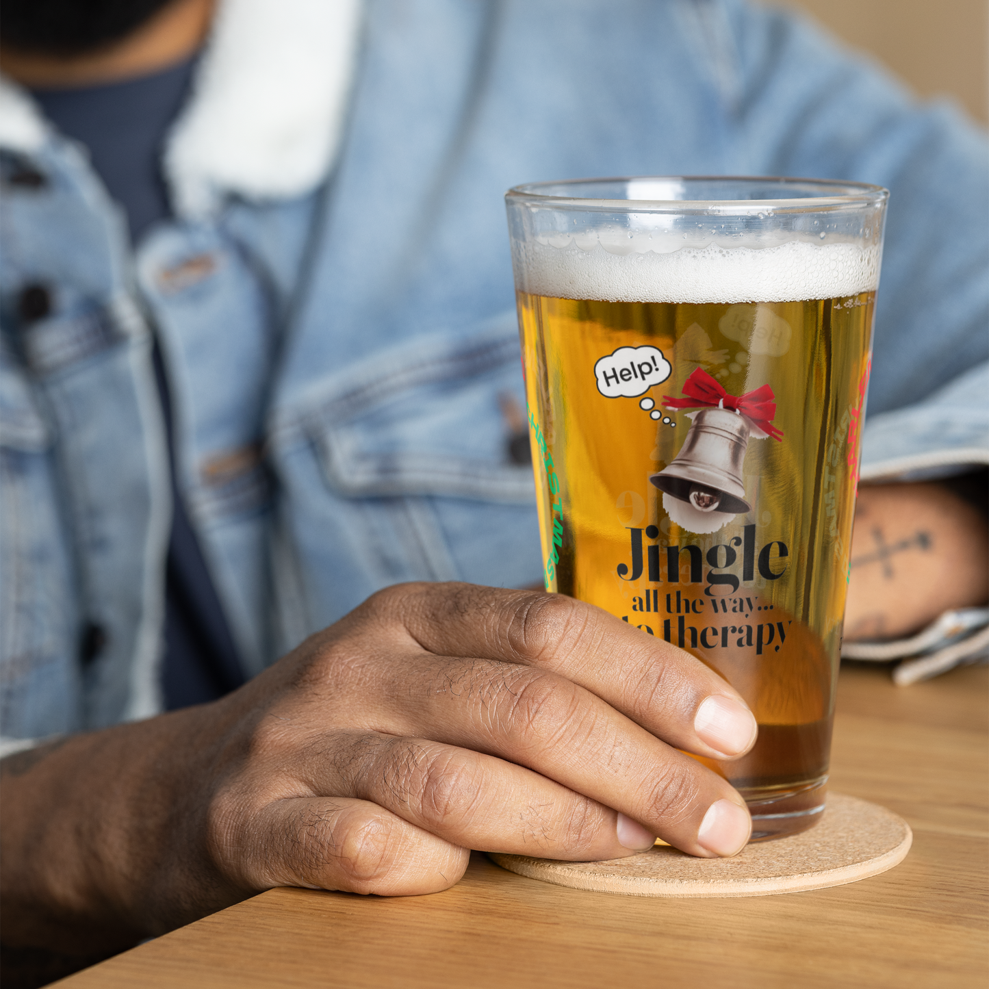 Jingle All The Way… To Therapy - Holiday mental health Christmas pint glass for self-care
