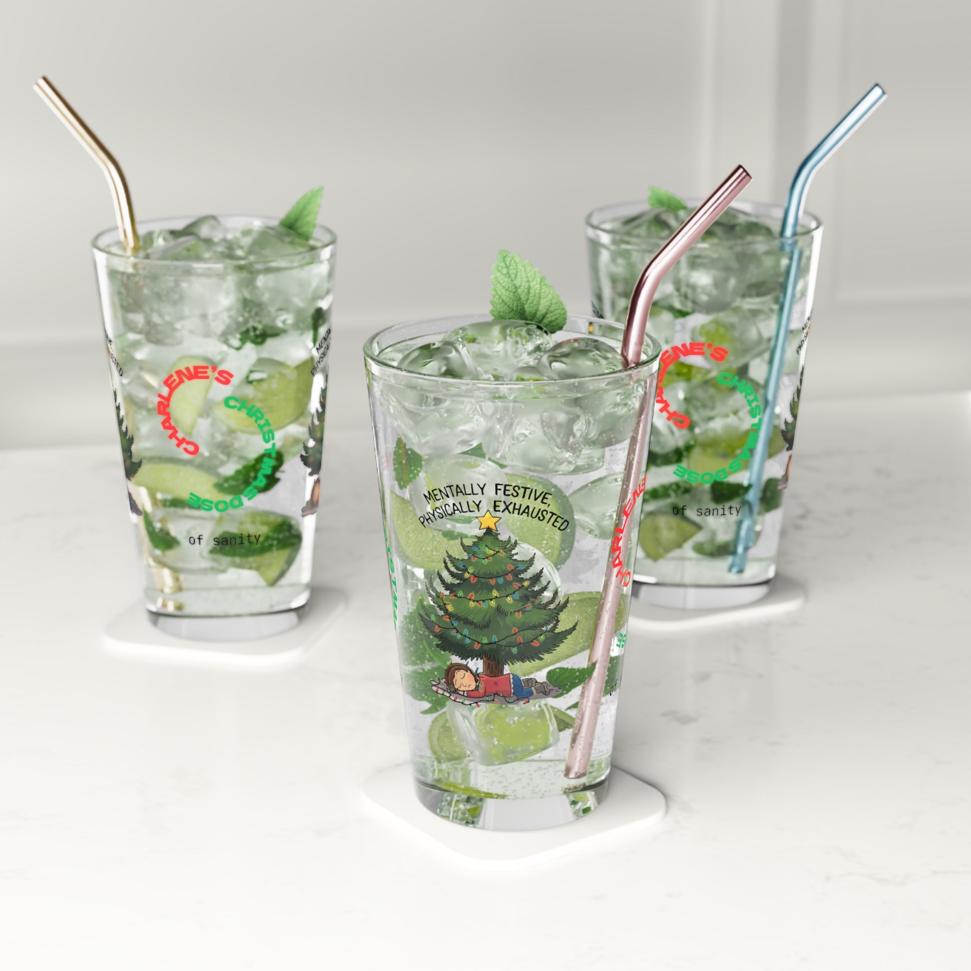 Mentally Festive, Physically Exhausted - Funny holiday Christmas pint glass, mental health gift