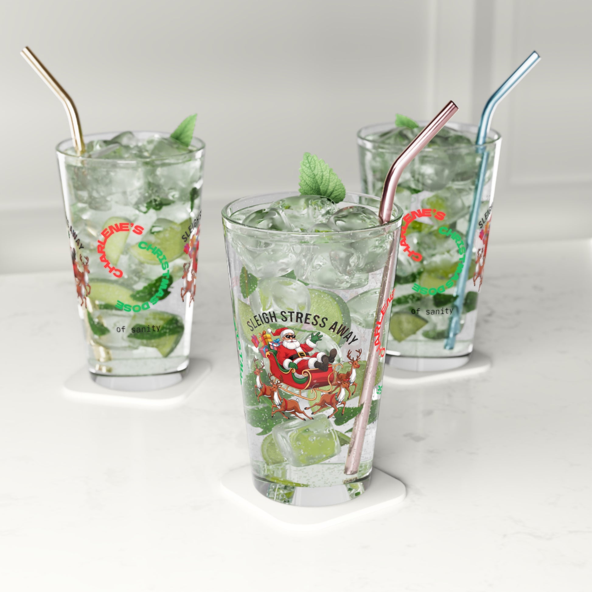 Sleigh Stress Away - Christmas mental health pint glass, mindfulness holiday gift idea