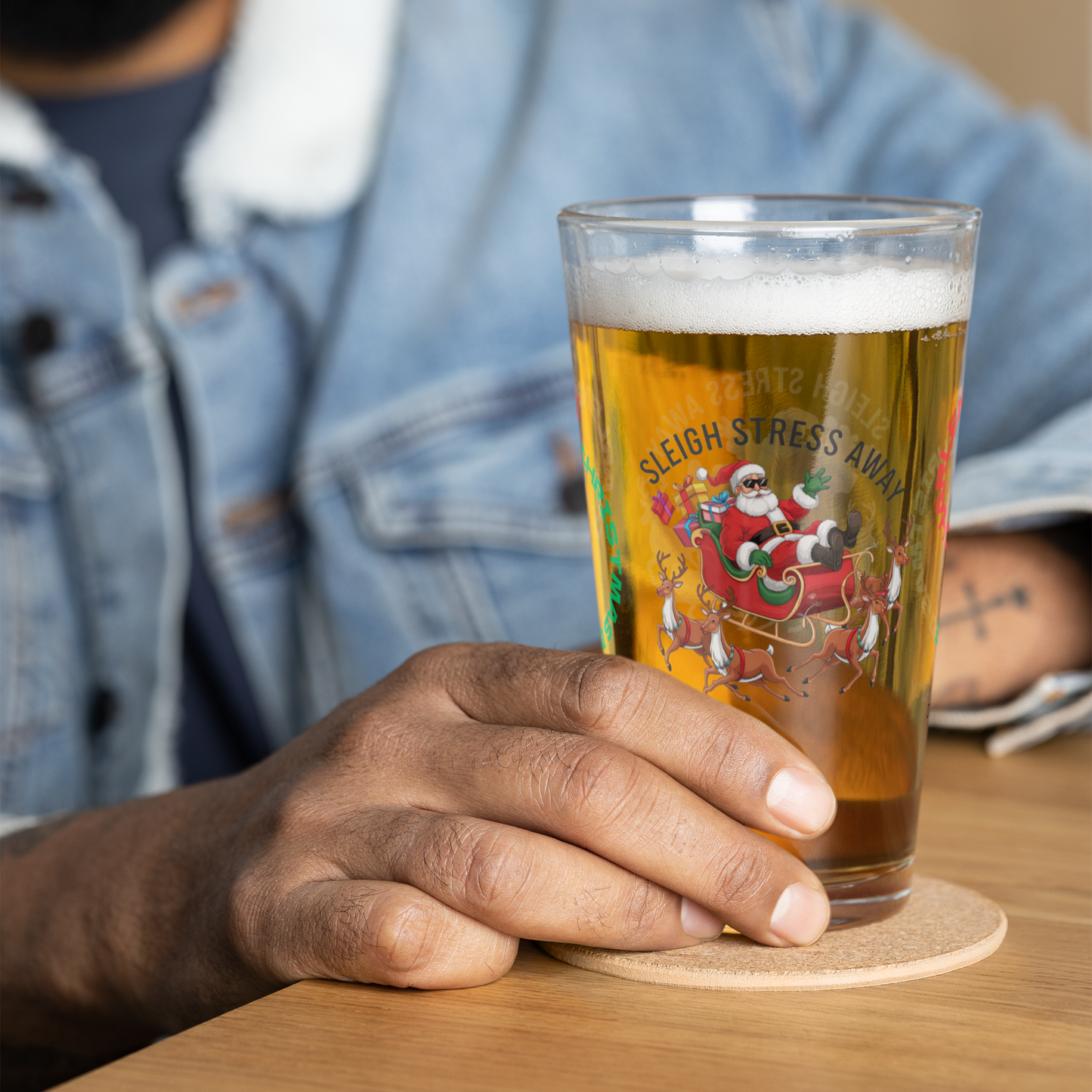 Sleigh Stress Away - Christmas mental health pint glass, mindfulness holiday gift idea