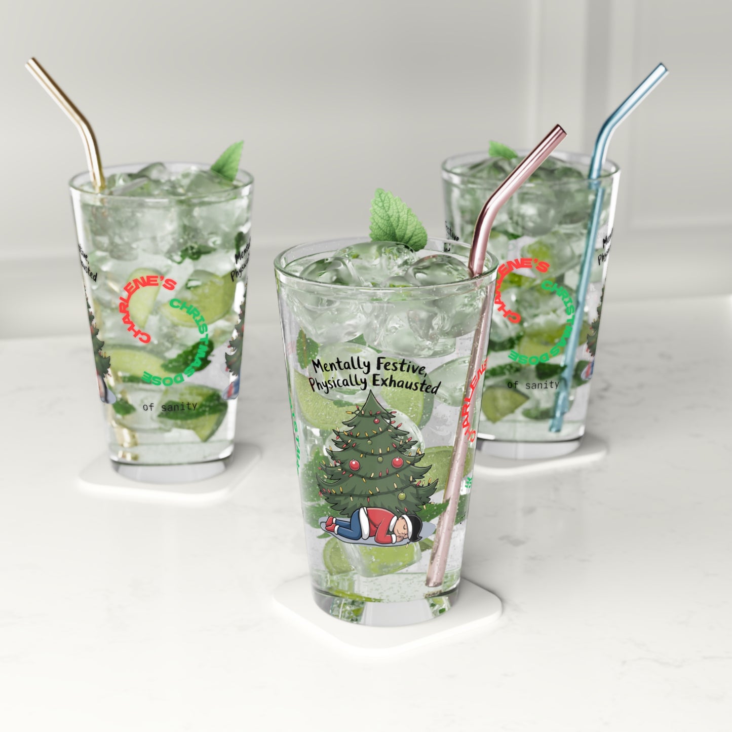 Mentally Festive, Physically Exhausted - Holiday self-care Christmas pint glass, mindfulness gift