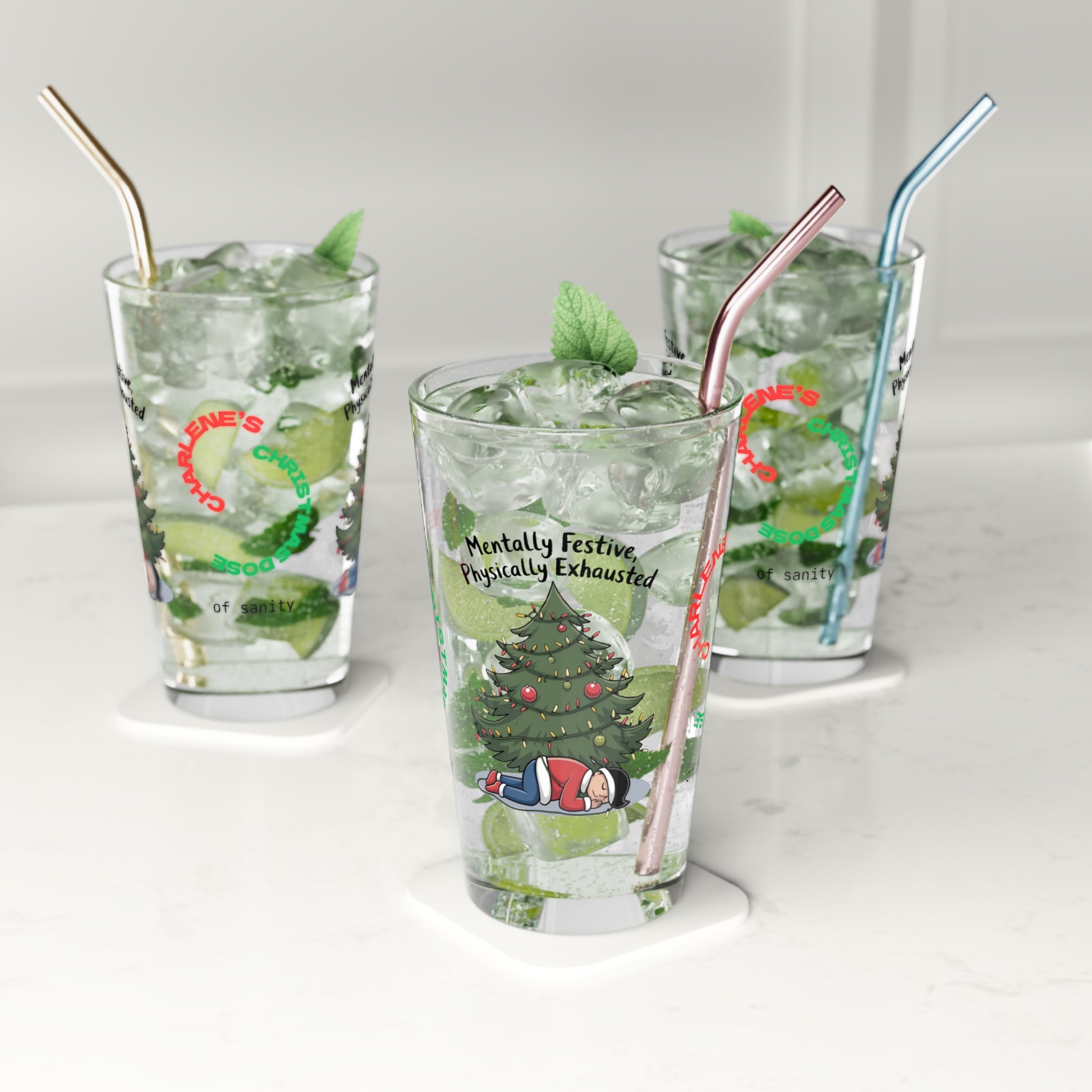 Mentally Festive, Physically Exhausted - Holiday self-care Christmas pint glass, mindfulness gift