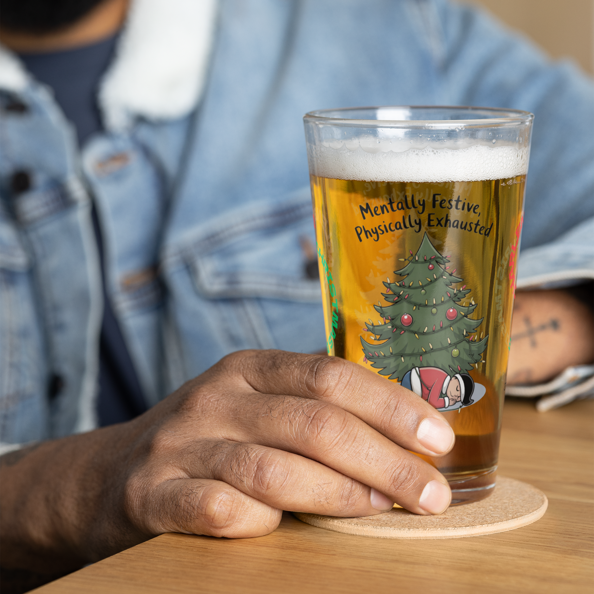 Mentally Festive, Physically Exhausted - Holiday self-care Christmas pint glass, mindfulness gift