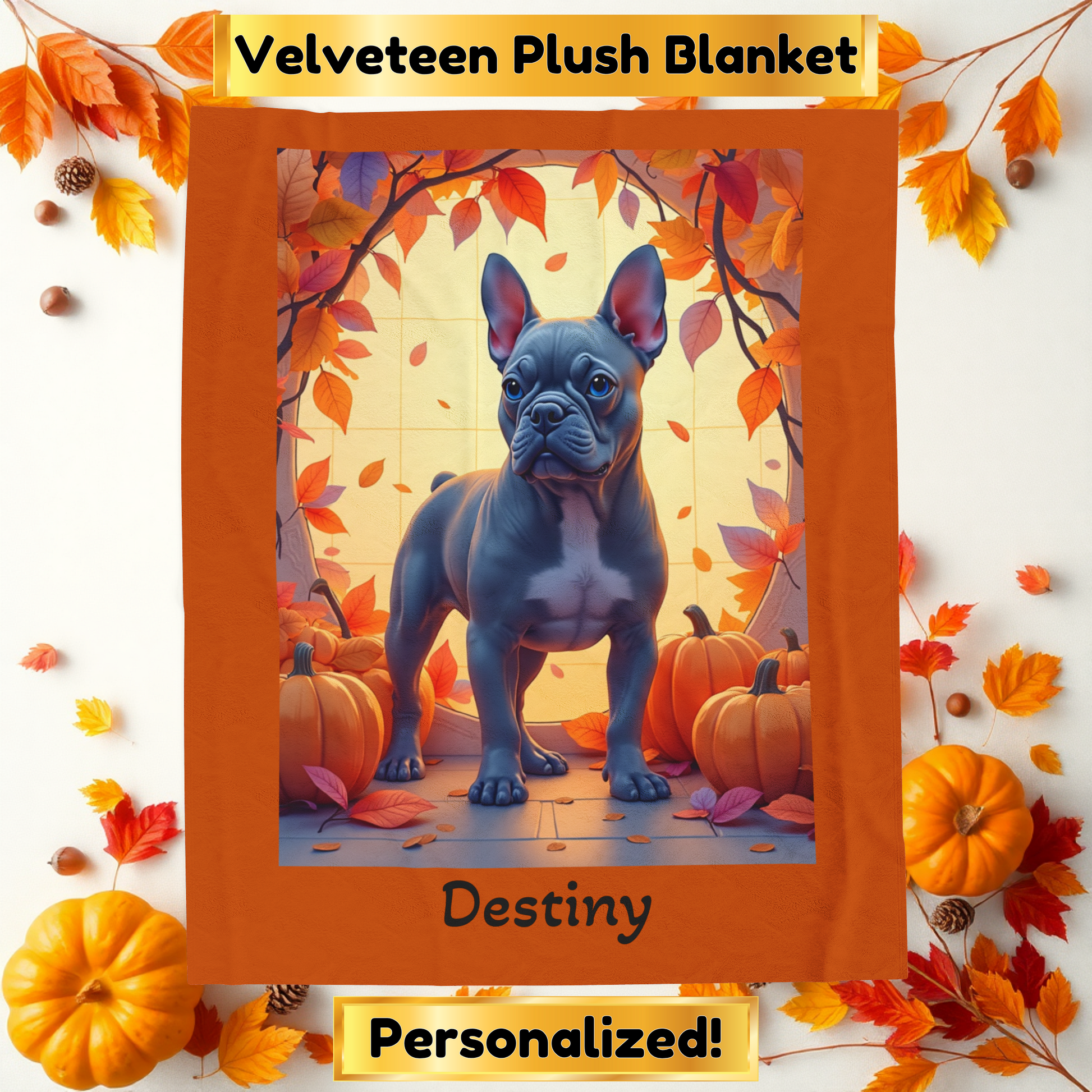 French Bulldog (Blue) Velveteen Blanket - Custom plush dog throw, cozy French Bulldog gift for dog lovers
