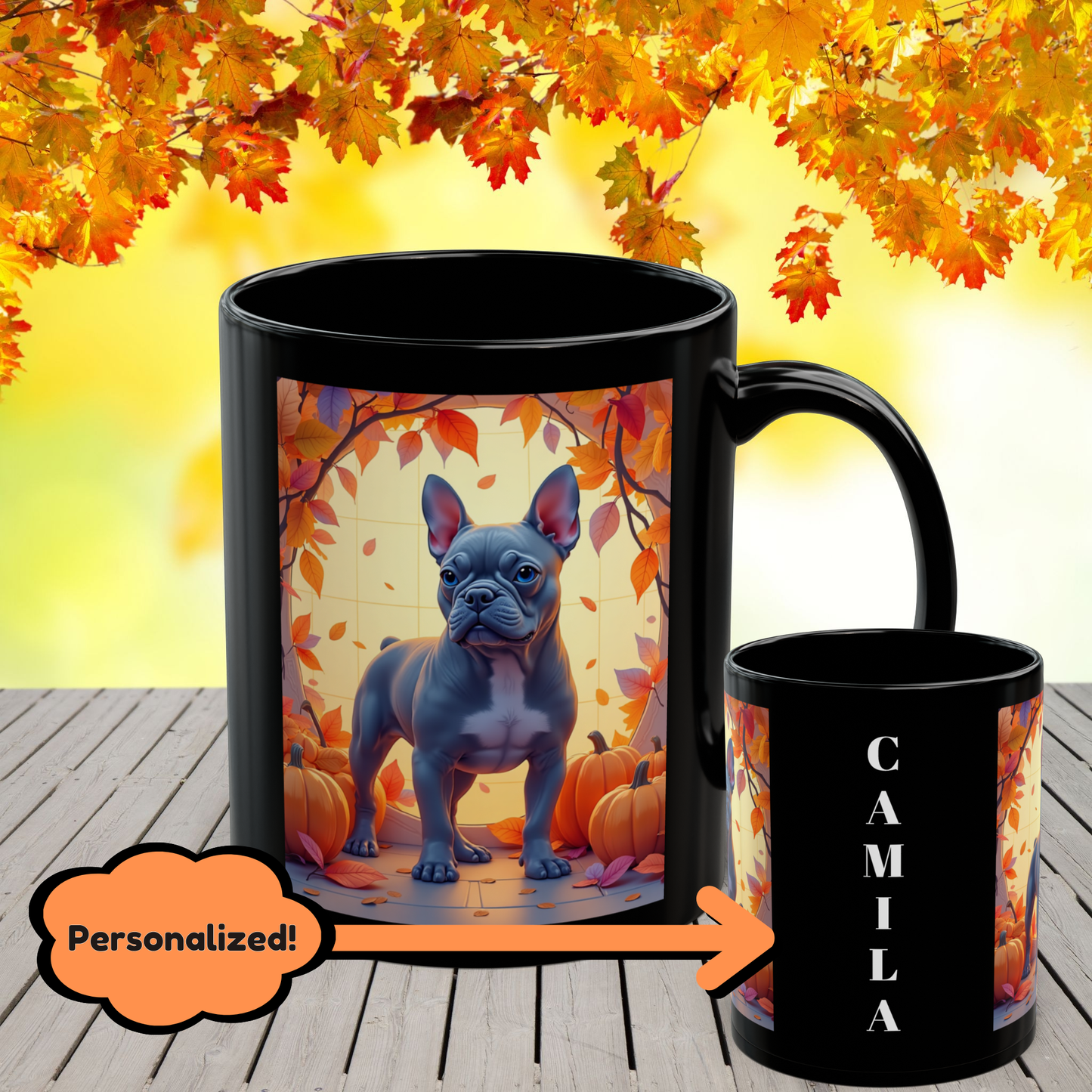 French Bulldog (Blue) Autumn Coffee Mug - Fall coffee cup for dog lovers, cute French Bulldog mug, personalized