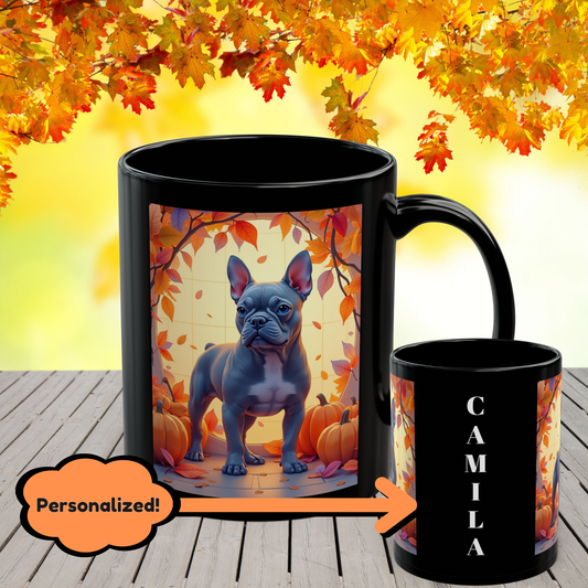 French Bulldog Blue - Autumn black mug, cute fall drinkware for dog owners and Frenchie lovers