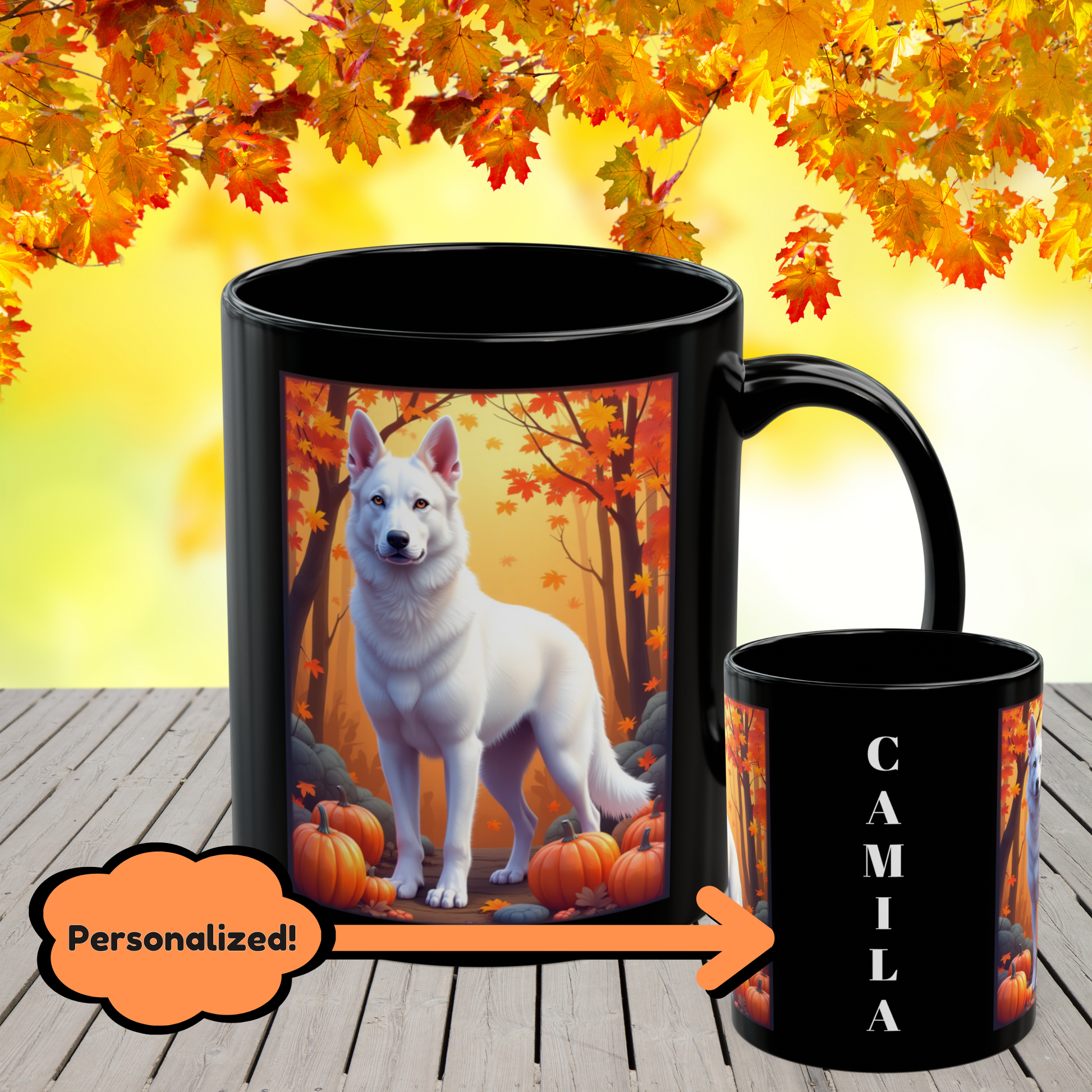 German Shepherd White - Autumn custom coffee mug, personalized fall dog gift for GSD parents