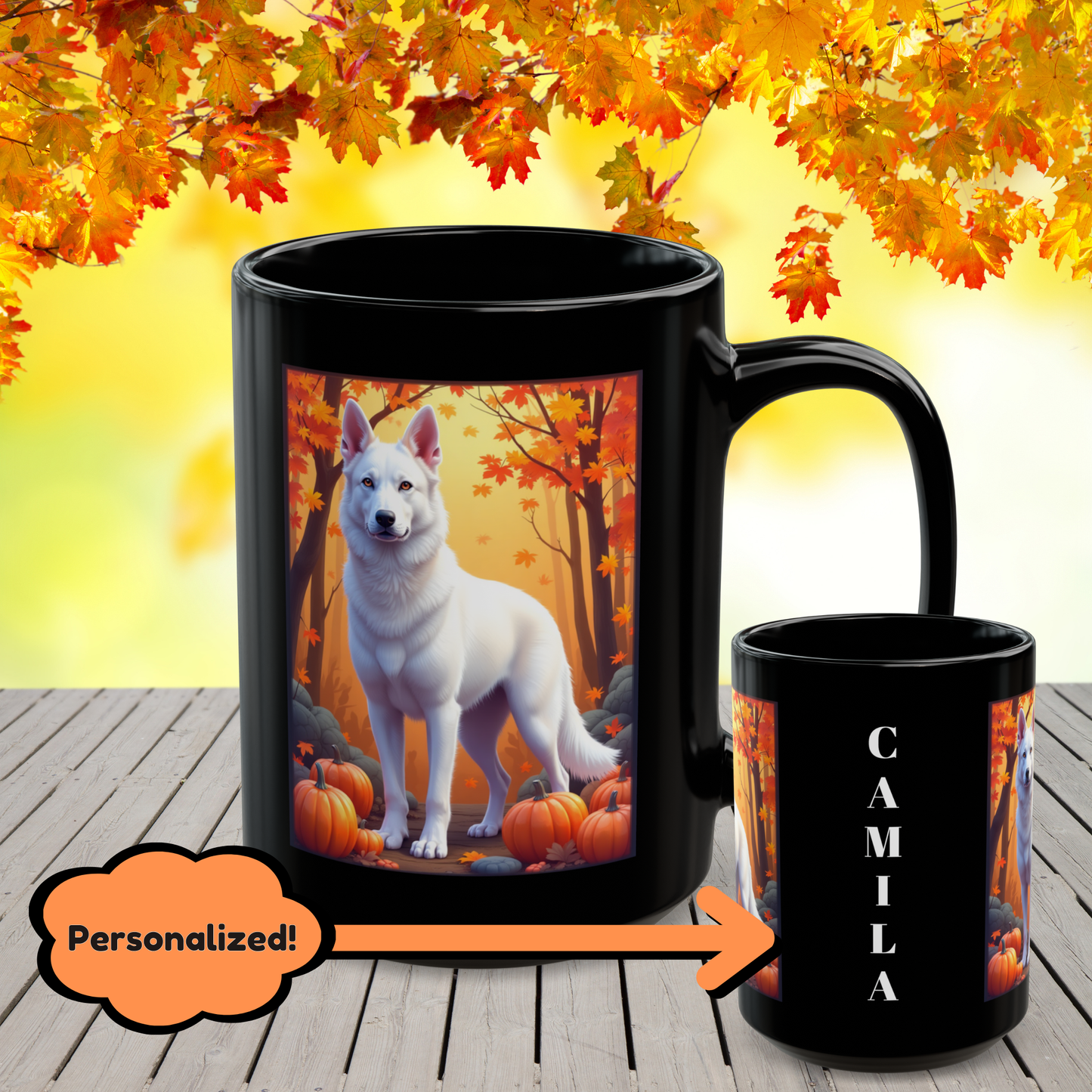 German Shepherd White - Autumn custom coffee mug, personalized fall dog gift for GSD parents