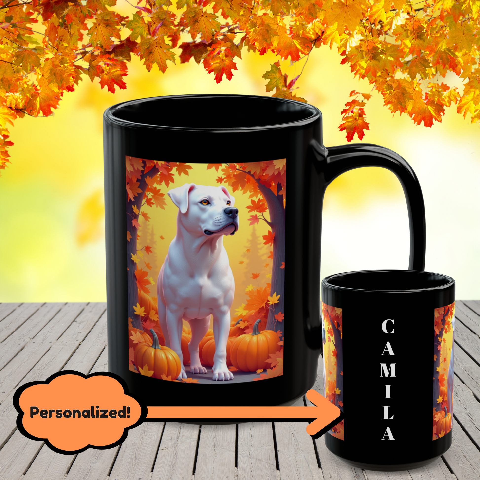 Rottweiler (White) personalized autumn coffee mug, custom dog lover fall coffee cup for Rottweiler owners
