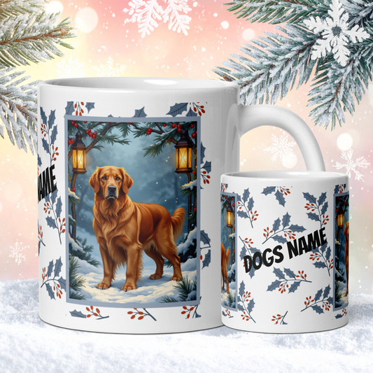 Golden Retriever (Dark Golden) Winter Mug - dark golden retriever illustrated standing in a festive winter setting