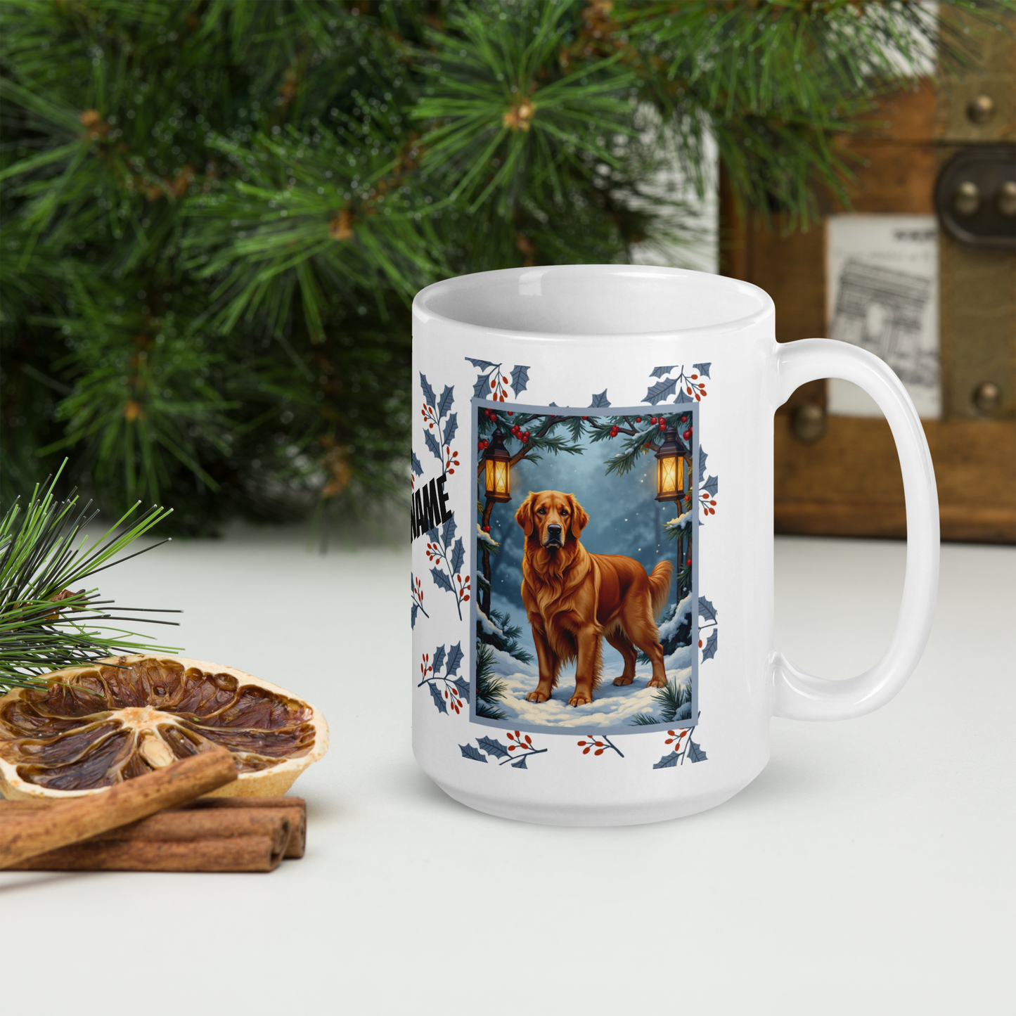 Golden Retriever (Dark Golden) Winter Mug - dark golden retriever illustrated standing in a festive winter setting