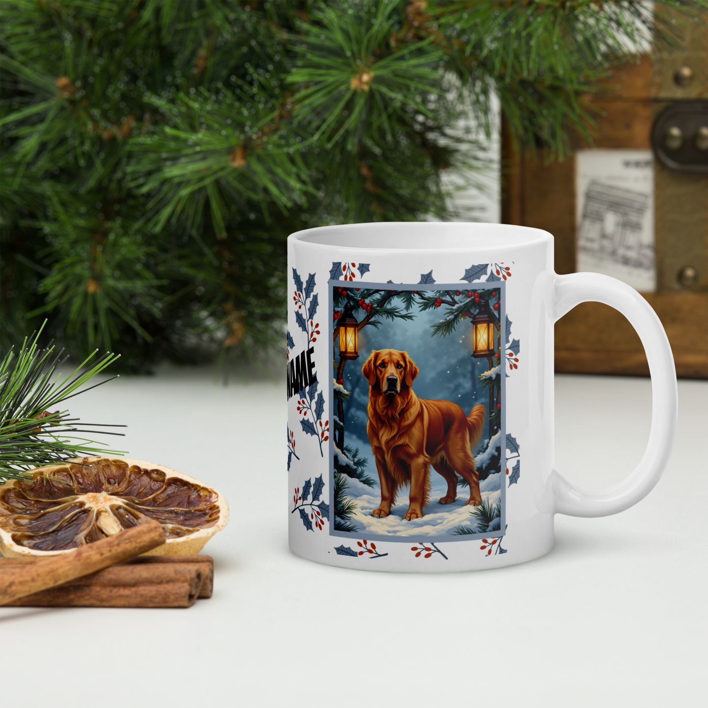Golden Retriever (Dark Golden) Winter Mug - dark golden retriever illustrated standing in a festive winter setting