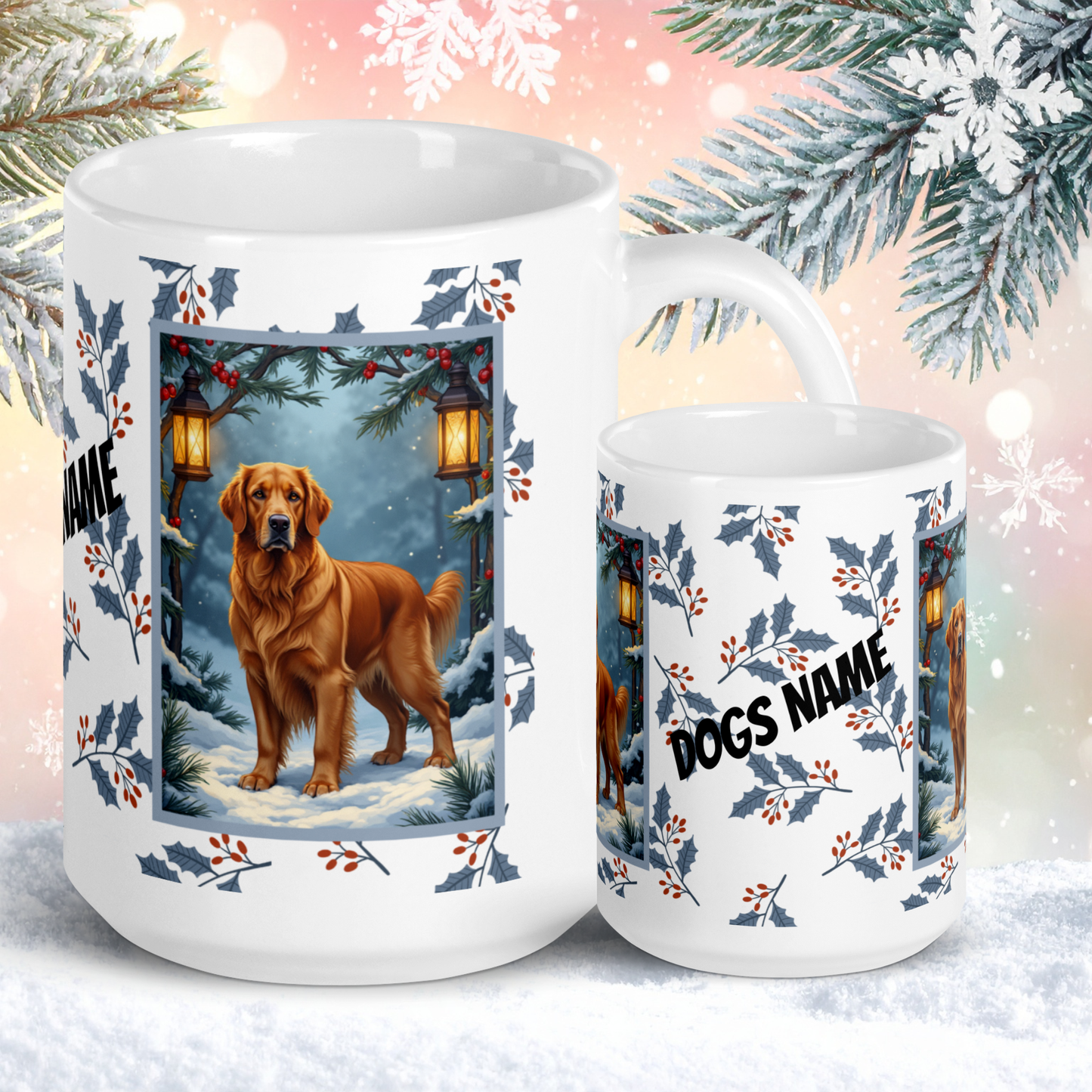 Golden Retriever (Dark Golden) Winter Mug - dark golden retriever illustrated standing in a festive winter setting
