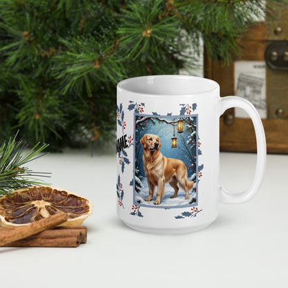 Golden Retriever (Cream) Winter Mug - cream Golden Retriever artwork standing in a cozy winter scene with soft snowfall