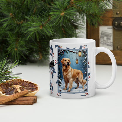 Golden Retriever (Cream) Winter Mug - cream Golden Retriever artwork standing in a cozy winter scene with soft snowfall