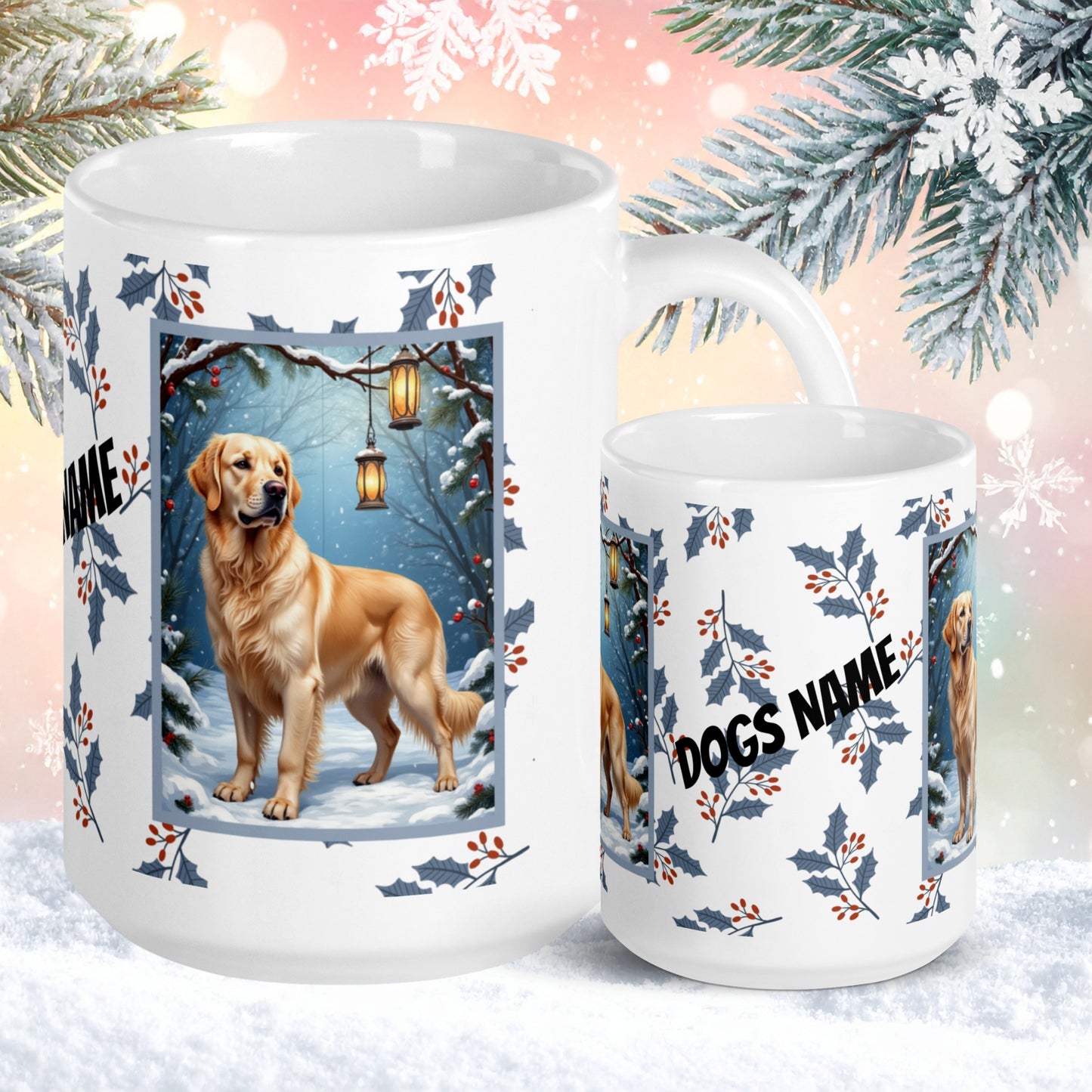 Golden Retriever (Cream) Winter Mug - cream Golden Retriever artwork standing in a cozy winter scene with soft snowfall