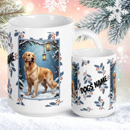 Golden Retriever (Cream) Winter Mug - cream Golden Retriever artwork standing in a cozy winter scene with soft snowfall