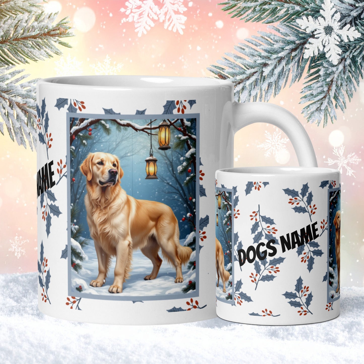 Golden Retriever (Cream) Winter Mug - cream Golden Retriever artwork standing in a cozy winter scene with soft snowfall