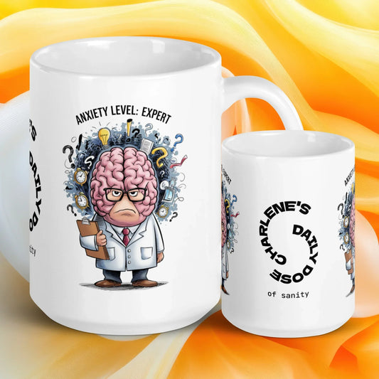 Shop our anxiety level expert mug featuring the 15oz style option from MySisterIsASurvivor.