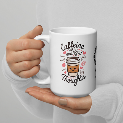 Caffeine and Kind Thoughts funny mug personalized coffee cup with playful saying, humorous gift for friends