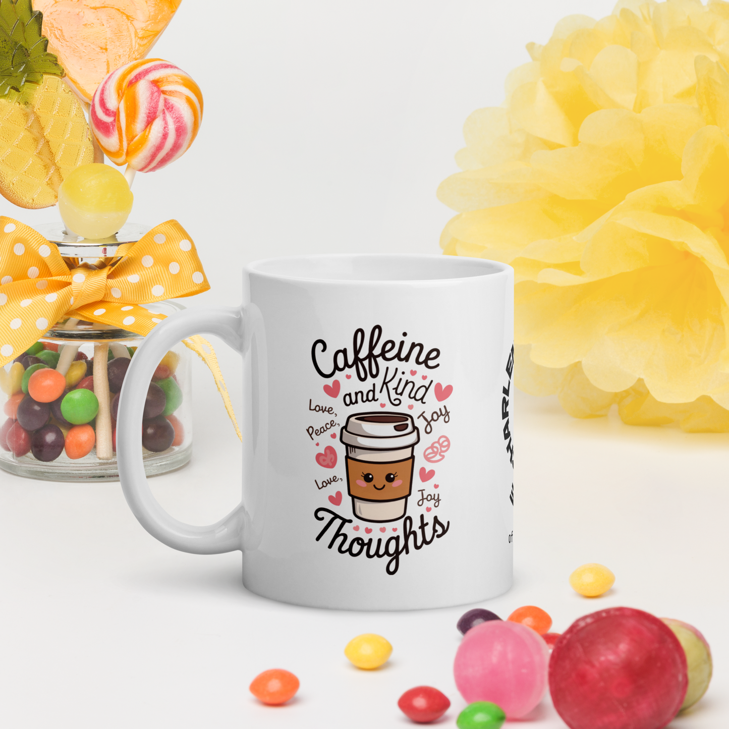 Caffeine and Kind Thoughts funny mug personalized coffee cup with playful saying, humorous gift for friends