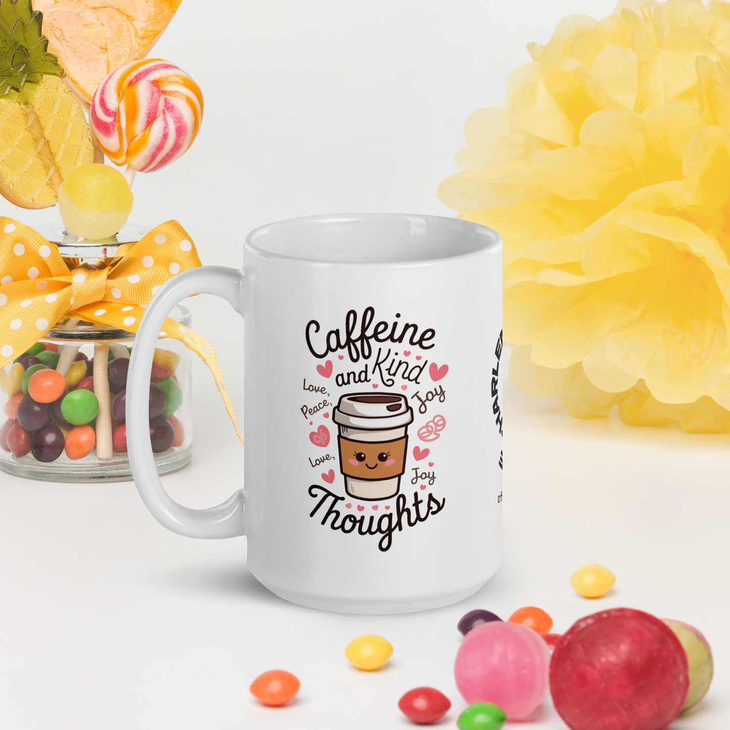 Caffeine and Kind Thoughts funny mug personalized coffee cup with playful saying, humorous gift for friends