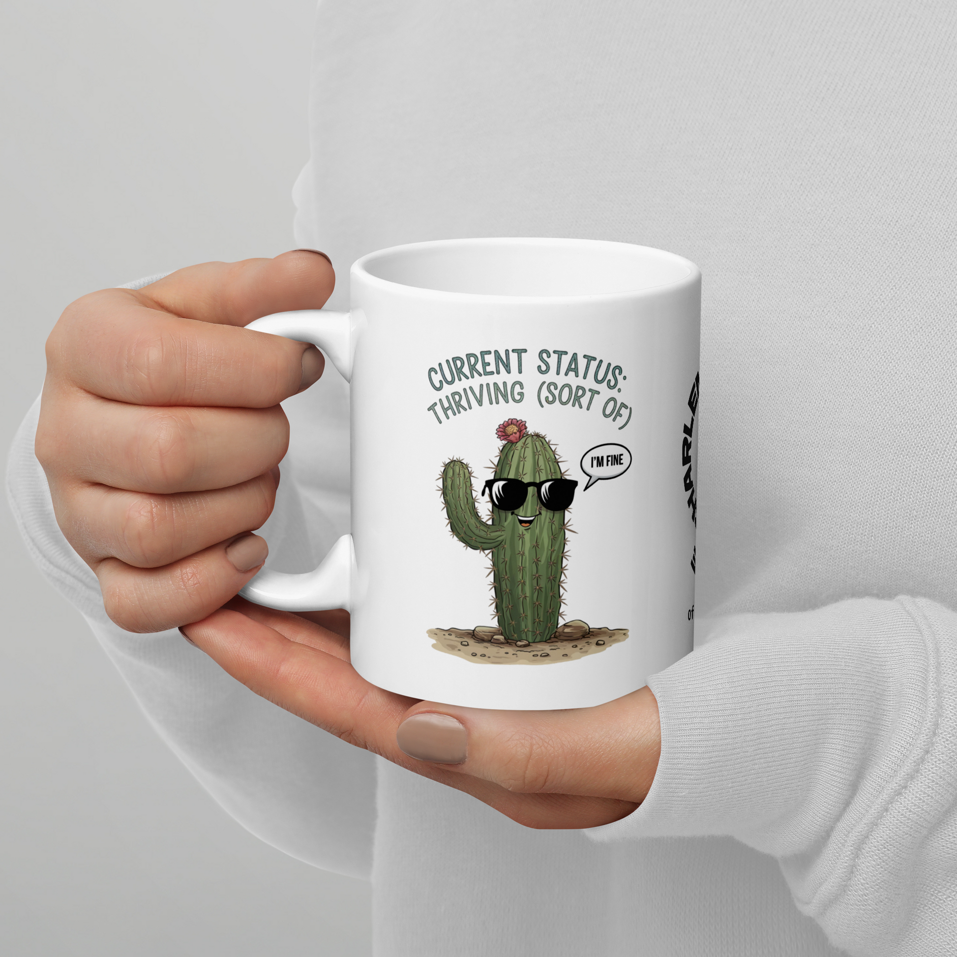 Current Status: Thriving (Sort Of) funny mug personalized ceramic coffee cup, fun daily humor gift