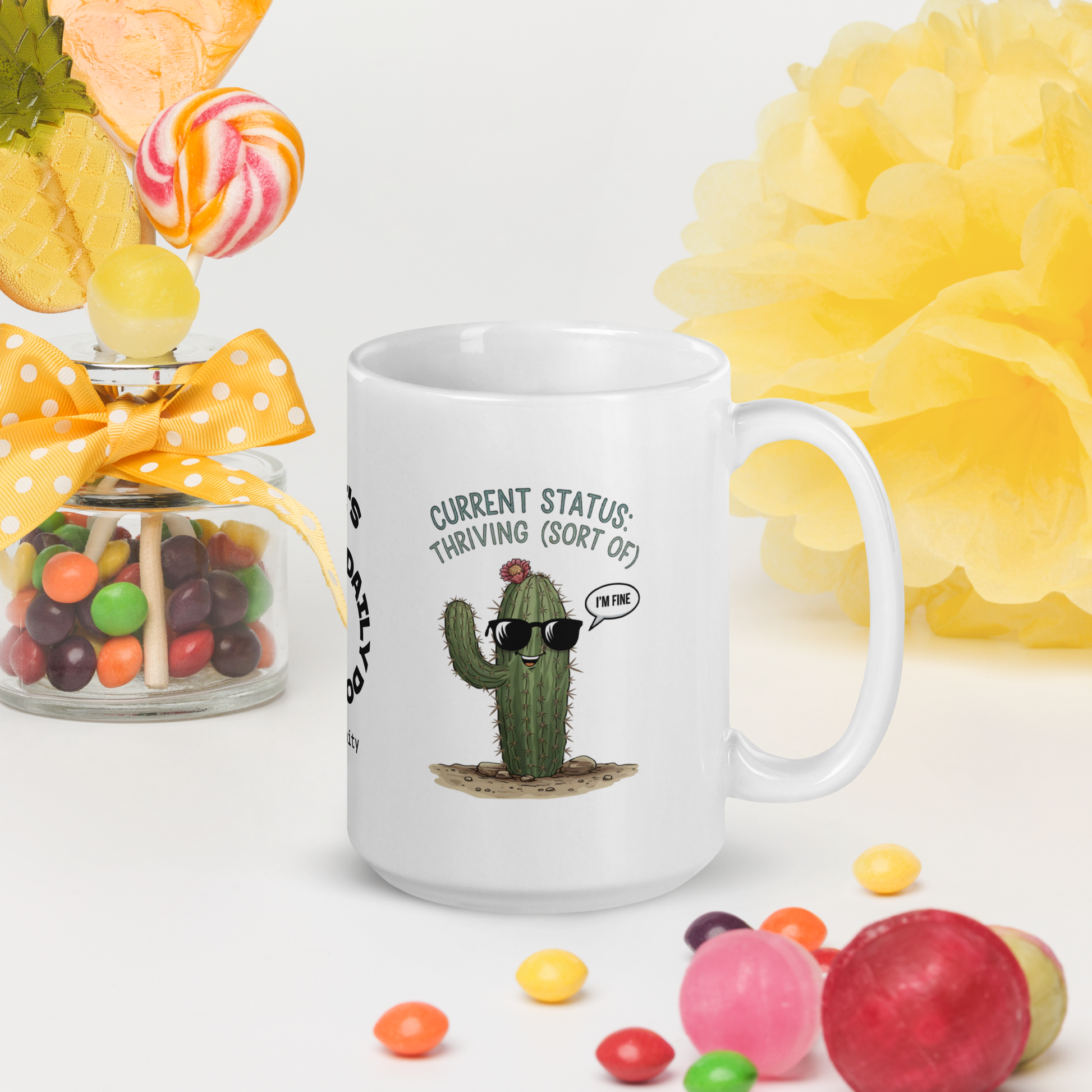 Current Status: Thriving (Sort Of) funny mug personalized ceramic coffee cup, fun daily humor gift