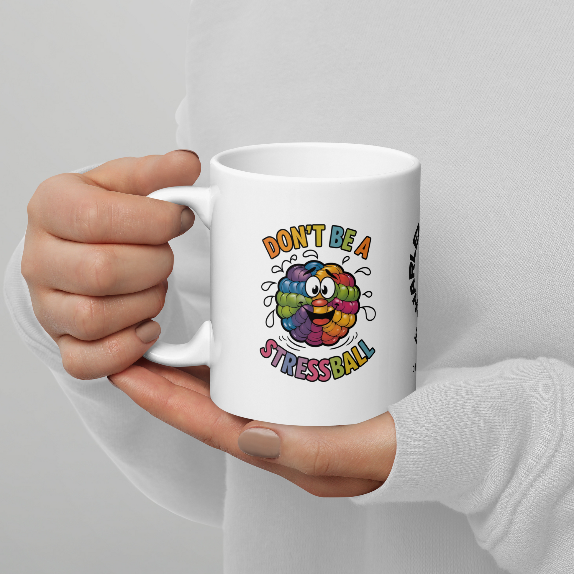 Don’t Be a Stressball funny mug stylish ceramic coffee cup with playful saying, fun daily coffee gift