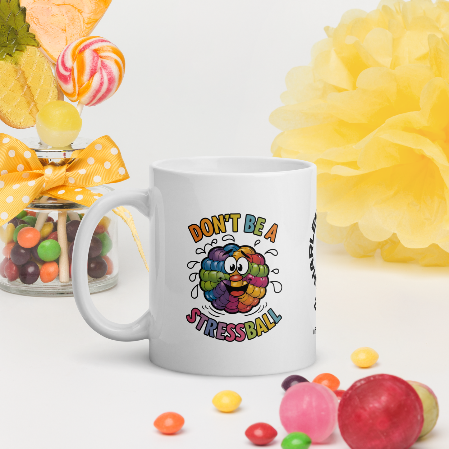Don’t Be a Stressball funny mug stylish ceramic coffee cup with playful saying, fun daily coffee gift