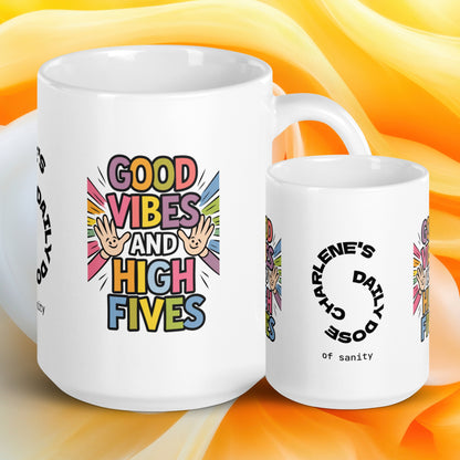 Good Vibes and High Fives funny mug personalized ceramic coffee cup, playful saying, gift for friends