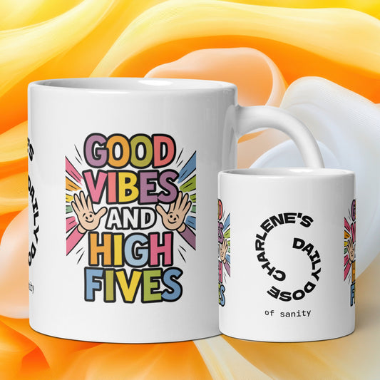 Good Vibes and High Fives funny mug personalized ceramic coffee cup, playful saying, gift for friends