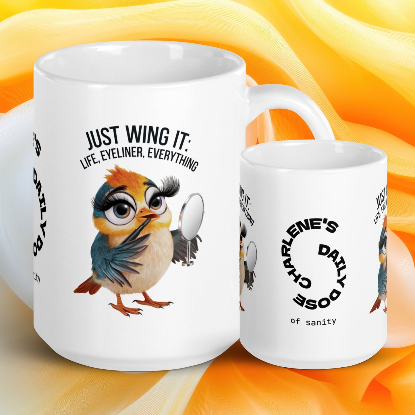 Just Wing It: Life, Eyeliner, Everything funny mug personalized coffee cup, fun daily humor gift for friends