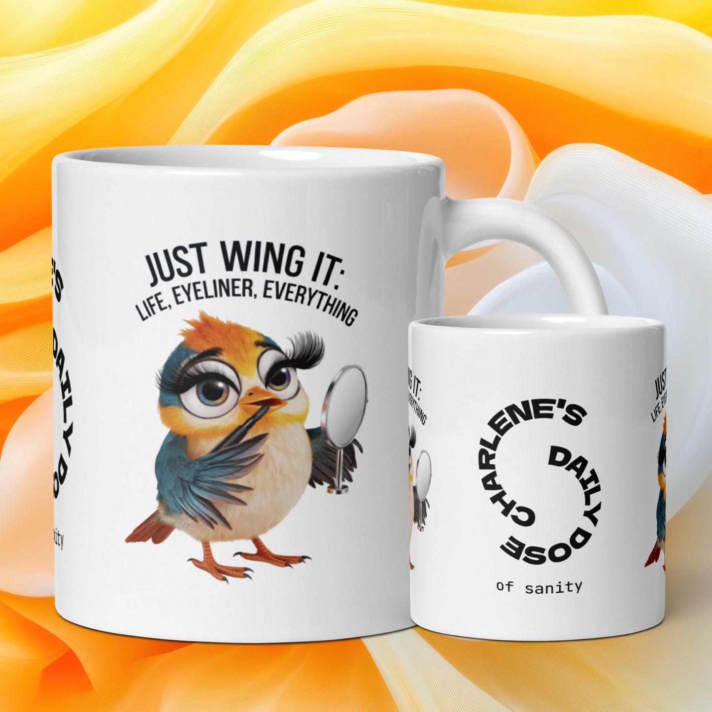 Just Wing It: Life, Eyeliner, Everything funny mug personalized coffee cup, fun daily humor gift for friends