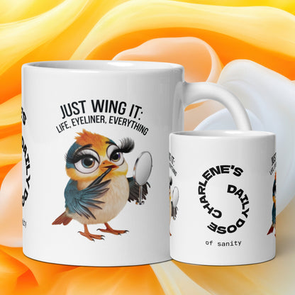 Just Wing It: Life, Eyeliner, Everything funny mug personalized coffee cup, fun daily humor gift for friends