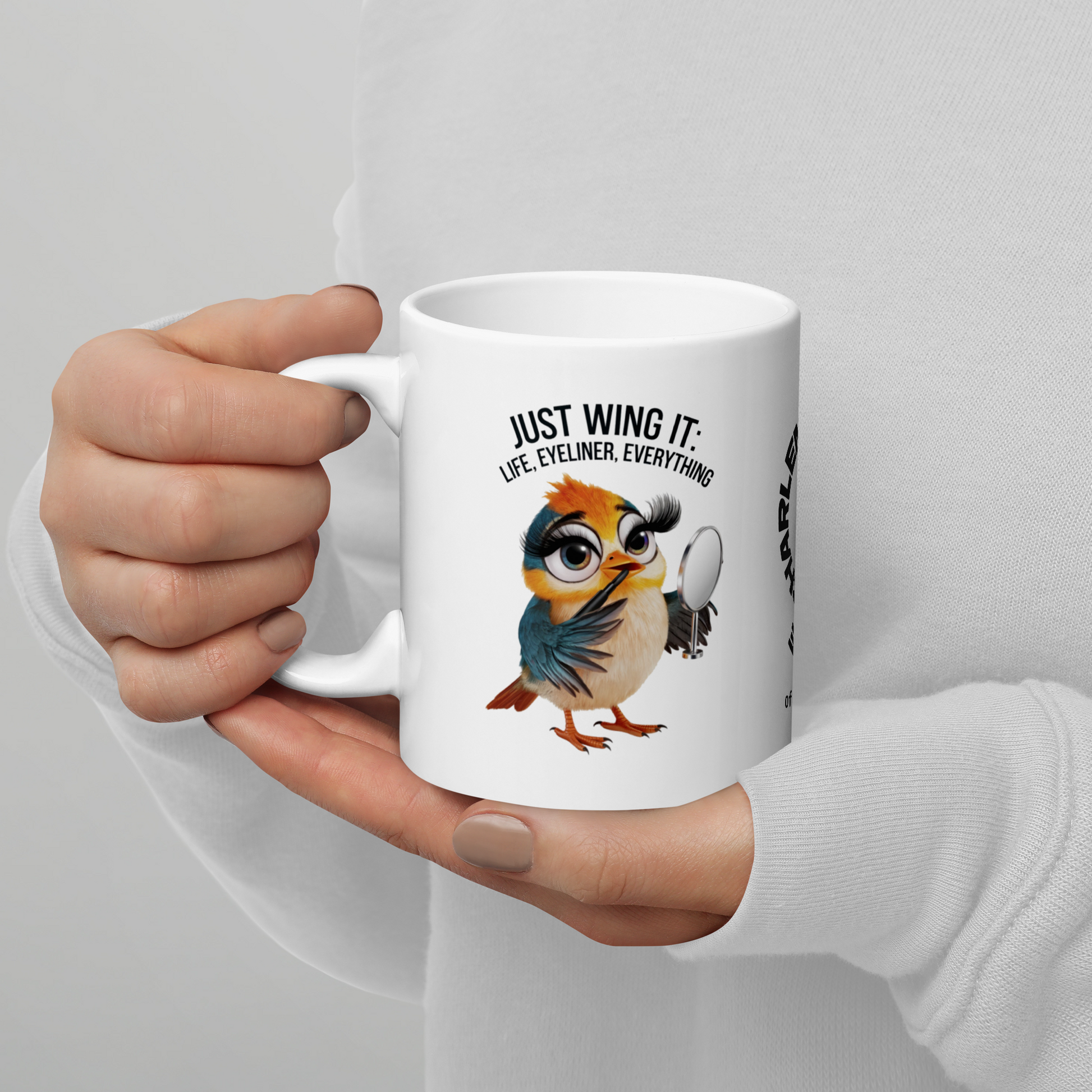 Just Wing It: Life, Eyeliner, Everything funny mug personalized coffee cup, fun daily humor gift for friends