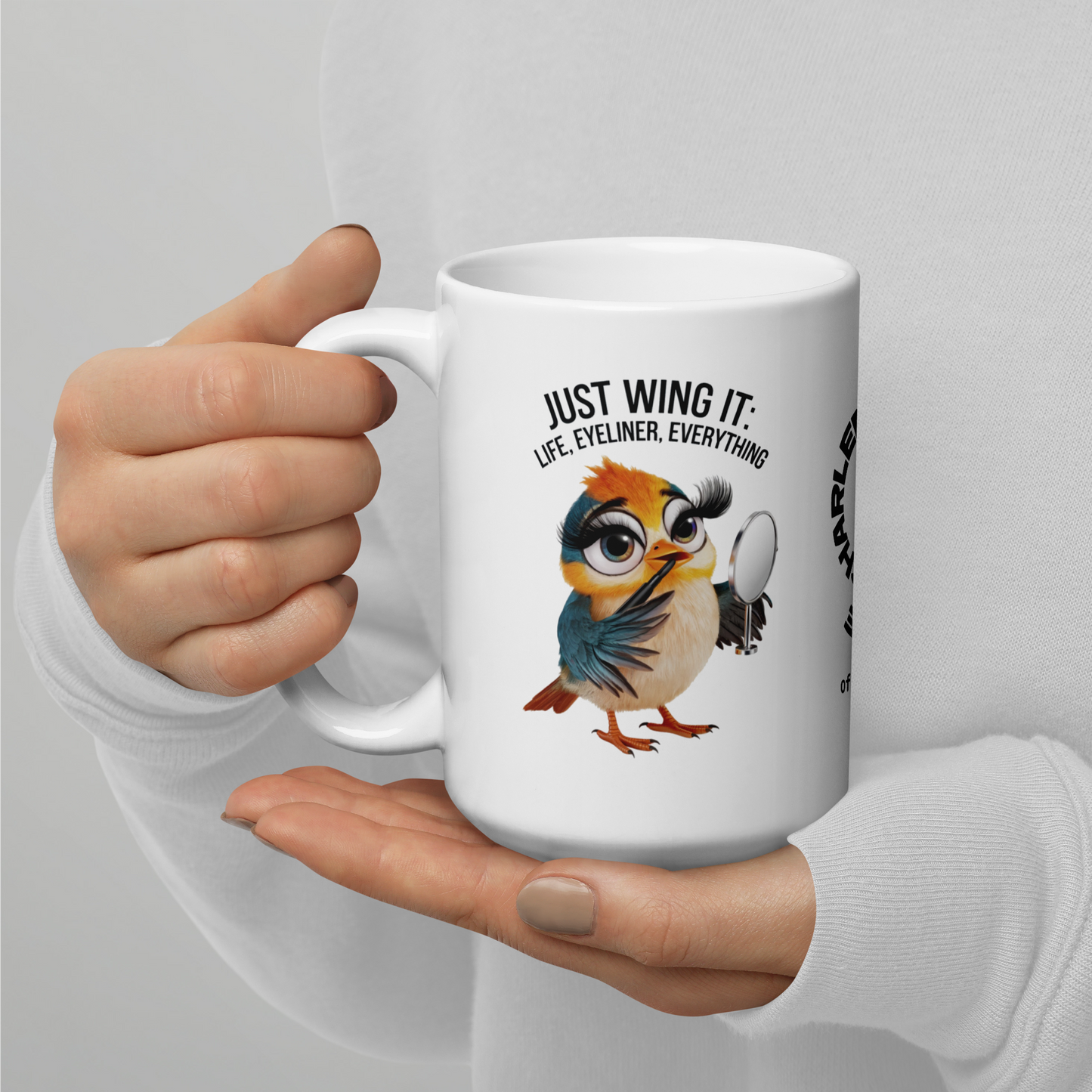 Just Wing It: Life, Eyeliner, Everything funny mug personalized coffee cup, fun daily humor gift for friends