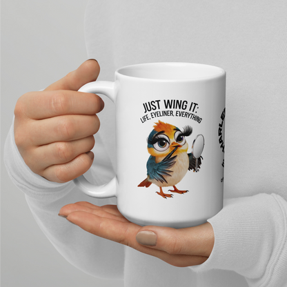 Just Wing It: Life, Eyeliner, Everything funny mug personalized coffee cup, fun daily humor gift for friends