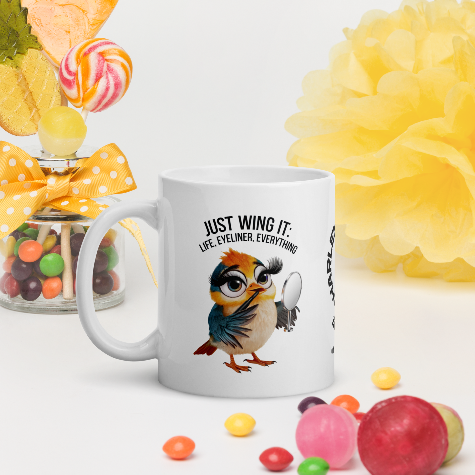 Just Wing It: Life, Eyeliner, Everything funny mug personalized coffee cup, fun daily humor gift for friends