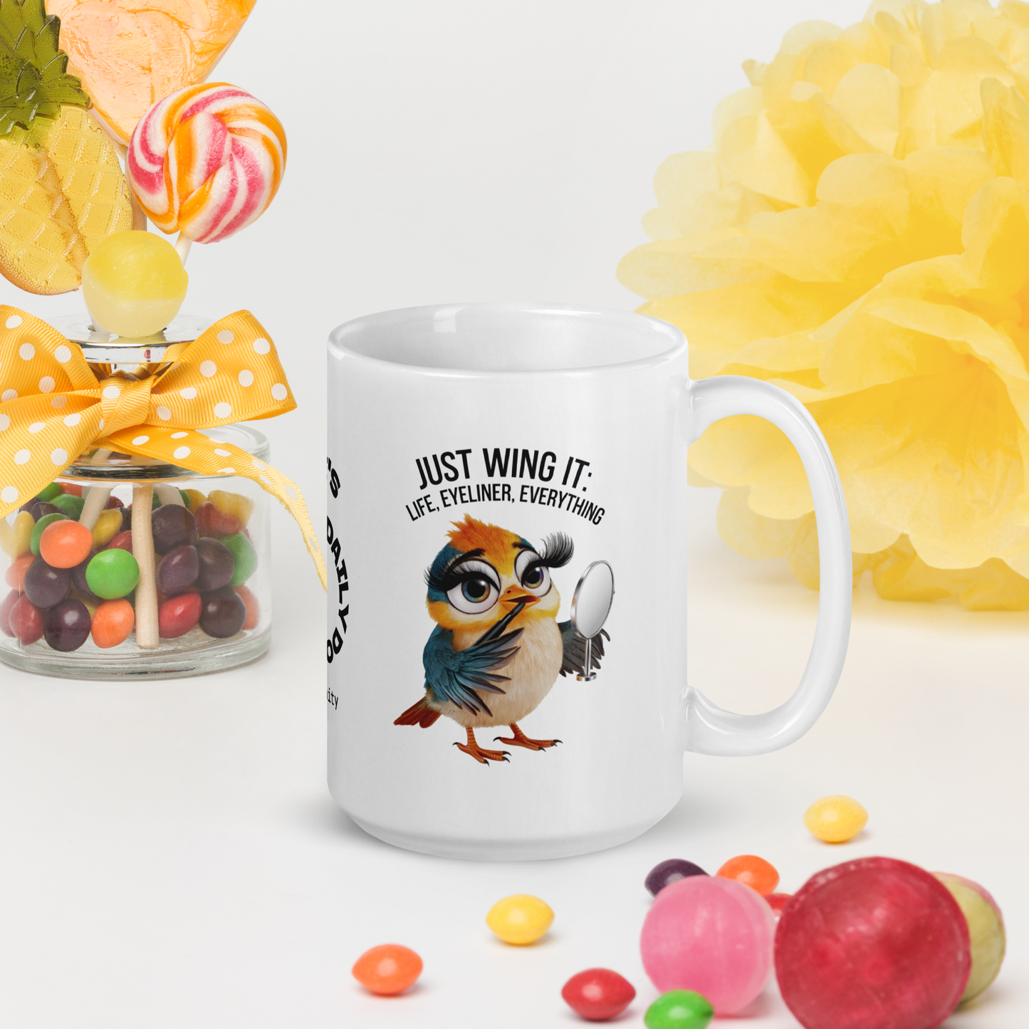 Just Wing It: Life, Eyeliner, Everything funny mug personalized coffee cup, fun daily humor gift for friends