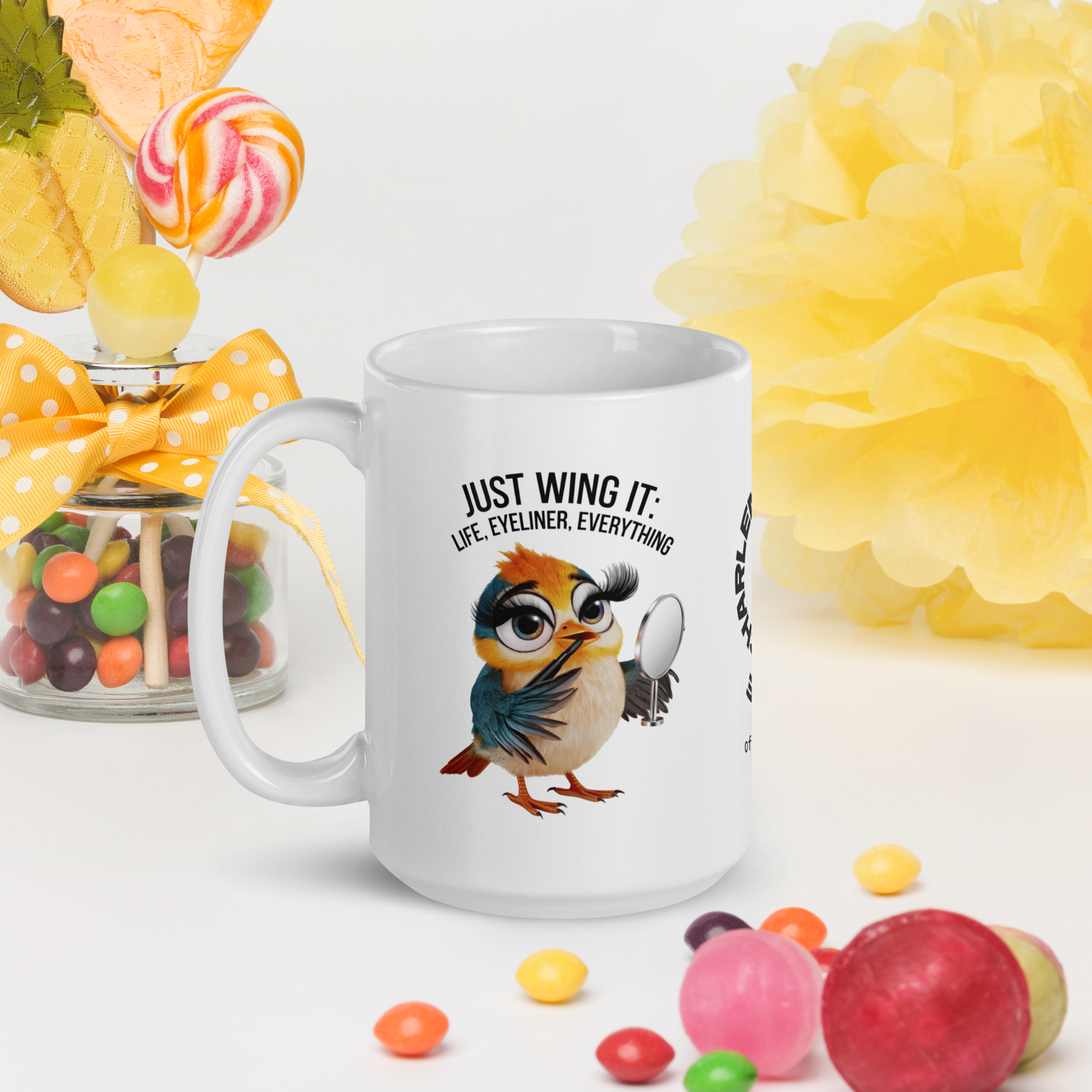 Just Wing It: Life, Eyeliner, Everything funny mug personalized coffee cup, fun daily humor gift for friends