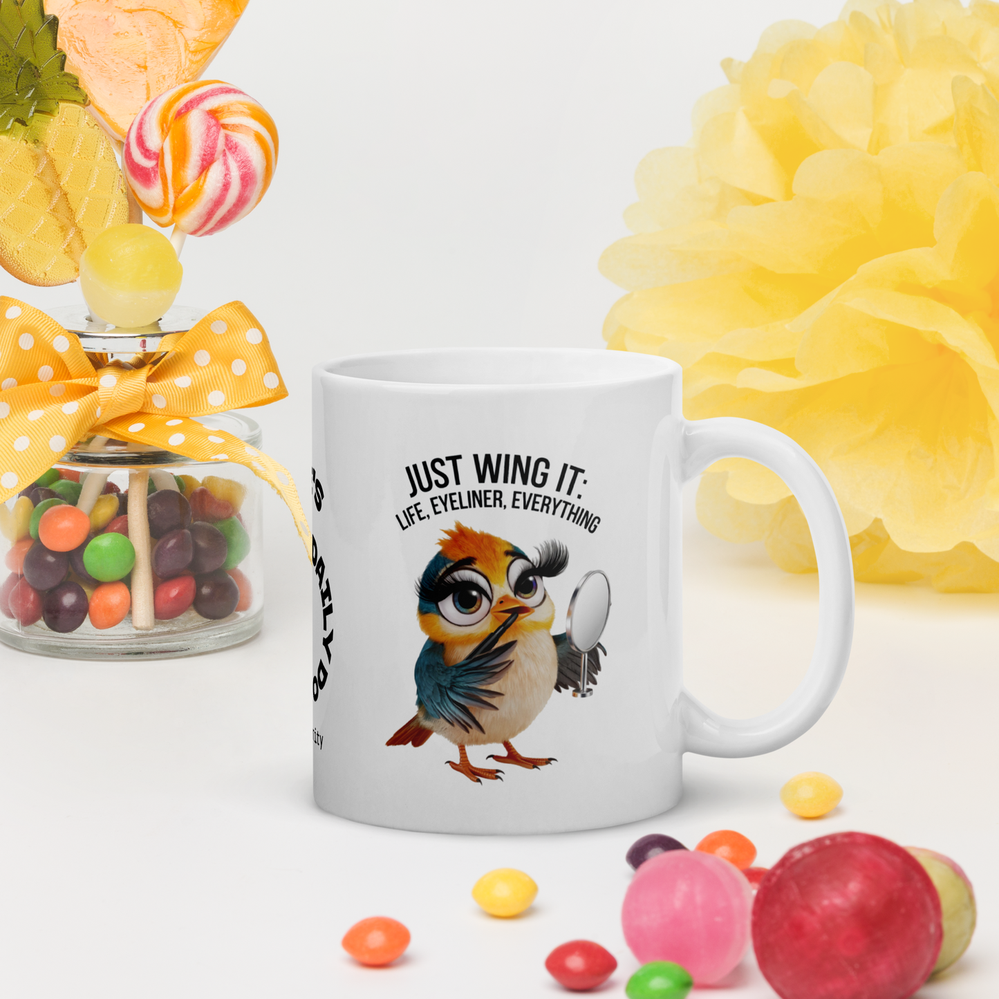 Just Wing It: Life, Eyeliner, Everything funny mug personalized coffee cup, fun daily humor gift for friends